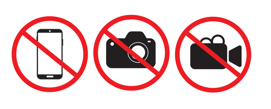 No mobile phone, no camera and no video recording signs vector set, prohibition icons collection with red circle and slash symbols