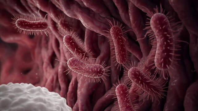 Microscopic view of bacteria and a white blood cell inside a human body.