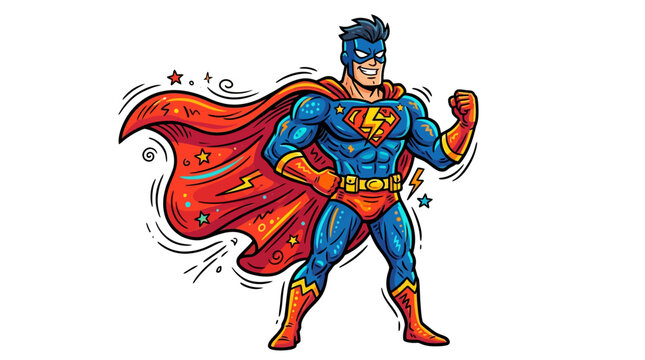 Dynamic cartoon superhero standing in action pose wearing flowing cape with superhero character illustration confident muscular invincible defender strength