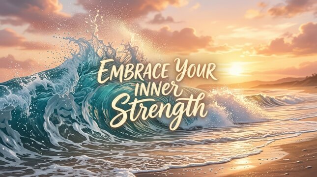 Inspirational ocean wave with sunset and text 'Embrace Your Inner Strength' promoting self-empowerment and resilience