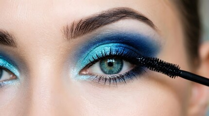 Naklejka premium Close up of eye with vibrant blue eyeshadow and mascara application