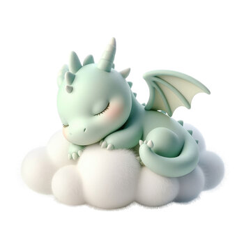 A cute little green baby dragon sleeping peacefully on a fluffy white cloud.