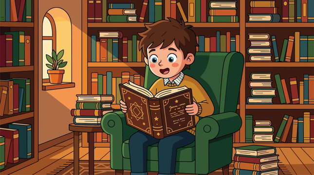Young Boy Happily Reading an Old Book in a Cozy Library Surrounded by Bookshelves, Educational Concept