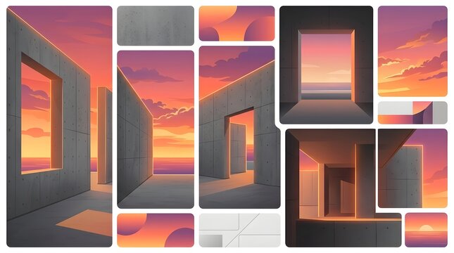 Abstract digital art scene with modern geometric structures and vibrant sunset colors for technology and futuristic design concepts