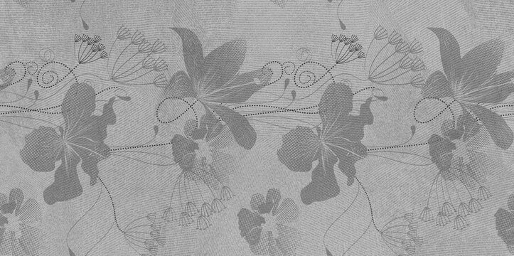 Vintage floral pattern on gray stone texture, elegant botanical etchings on concrete wall, antique flower motif on weathered cement background