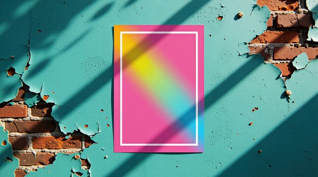 Empty blank white vertical poster frame mockup centered on cyan turquoise wall. Grungy brick texture surface background with peeling paint flakes. Diagonal rainbow shadow cast across frame layout.