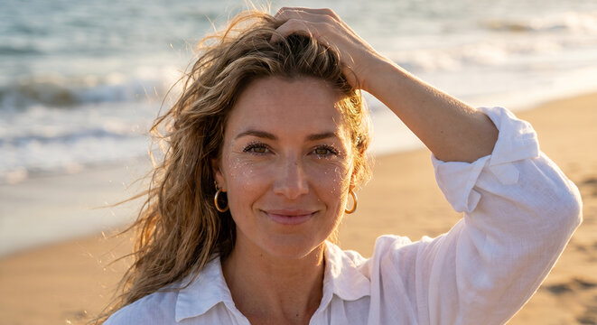 Woman with glitter on face on beach at golden hour sunset