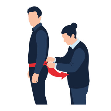 Minimalist vector illustration of a costume tail being pinned, conceptual design for DIY clothing crafts, tailor sewing accessories, and festive party game preparations on white.