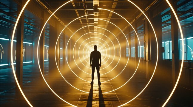 Man stands inside long tunnel corridor with glowing neon circle rings. Silhouette of person illuminated by bright golden radial light beams. Futuristic digital space shows contrast between darkness,