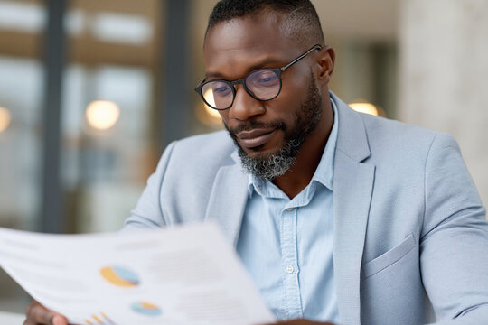 Focused professional reads data charts attentively. Dressed smartly, he wears glasses and a blazer. Office lights softly glow behind him. His expression suggests concentration and analysis