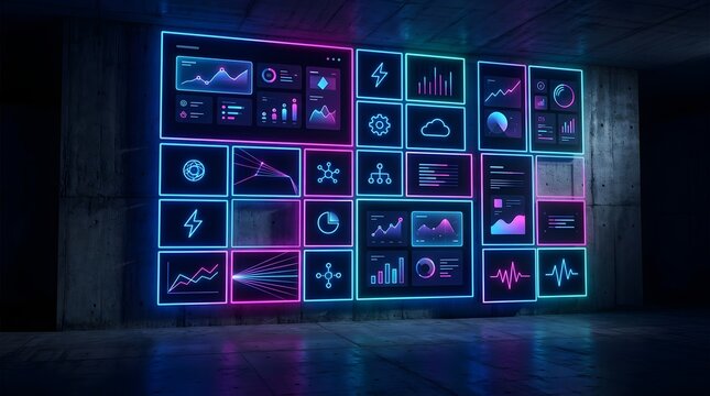Futuristic digital interface with glowing neon screens displaying graphs icons charts and data visualizations in vibrant blue purple and pink colors in a dark room