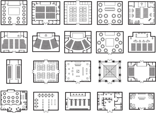 Collection of floor plan layouts for various event spaces, conference rooms, and auditoriums, illustrating seating arrangements and room configurations for diverse gathering needs.