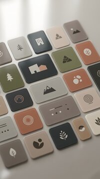 Close-up of colorful modern technology icons on a digital user interface with minimalist grid layout and abstract design elements for dashboard and UX development