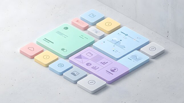 Colorful modular smartphone icons with pastel tones square shapes and digital interface elements for modern UI UX dashboard and technology use