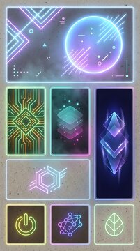 Futuristic digital interface with neon geometric shapes and glowing elements in a minimalist layout for technology and UI design