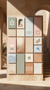modern minimalist geometric tile arrangement with neutral tones and abstract shapes for interior design and decorative purposes