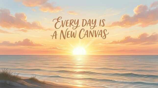 Inspirational sunset over the ocean with the quote "Every day is a new canvas" painted in calligraphy