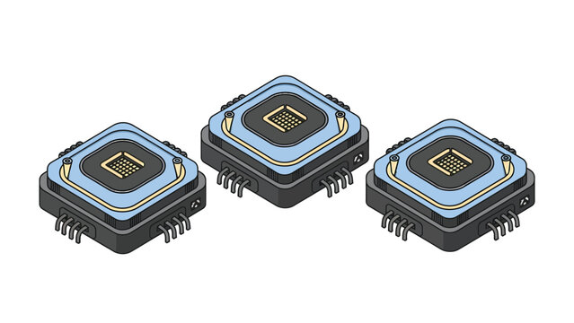 Three modern electronic components with pins, isolated on a white background.