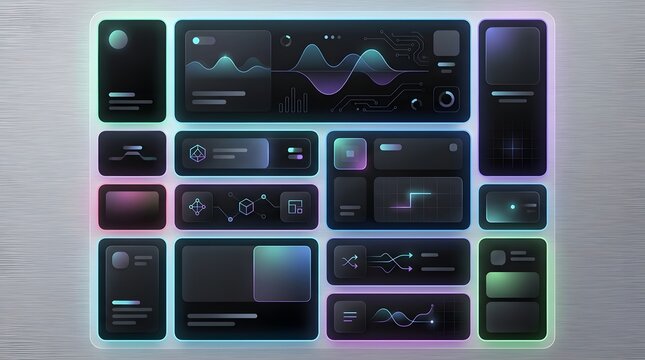 Futuristic digital interface with glowing UI elements and dashboard screens displaying graphs and data in dark mode for technology and data analysis