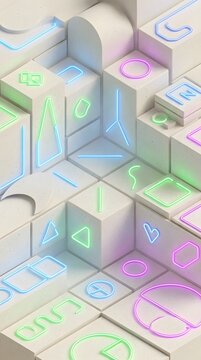 futuristic abstract digital interface with neon glow geometric shapes in pastel colors suitable for technology ux dashboard layout visualization