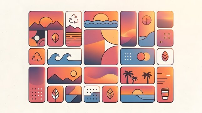 Set of minimalist abstract landscape illustrations with vibrant orange pink and purple colors showcasing natural scenery and modern design elements for digital art