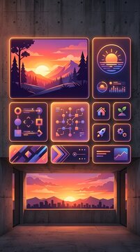 Modern digital interface screens with sunset landscape images and futuristic UI elements in vibrant neon colors for technology and design projects