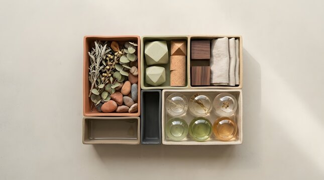 organized wooden box with colorful soap bars and natural elements for spa and skincare display