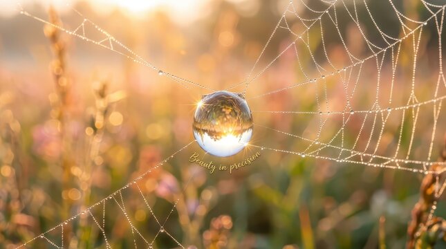 Macro shot of a dewdrop on a spider web glistening in the golden morning sunlight, with soft bokeh background of meadow grass