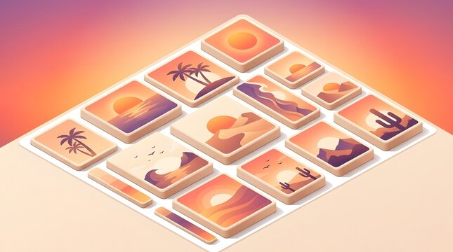 Modern digital tablet displaying various minimalist abstract sunset landscape icons with vibrant warm colors for UI UX dashboard interface design