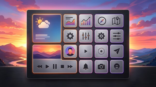 modern digital user interface with icons showcasing dashboard analytics and controls in a vibrant sunset landscape