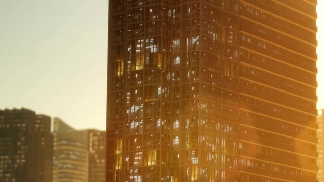 Sunlight shines on high rise buildings in the city as evening approaches. The scene captures the bright reflections from glass windows and a warm atmosphere.