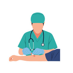 Fototapeta premium Vector illustration of a professional healthcare provider applying a sterile gauze bandage to a patient's arm, depicting wound care and medical treatment in a clinic setting.