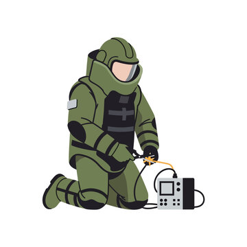 Close-up of a bomb disposal technician in protective gear carefully defusing an improvised explosive device with wires and electronic components, emphasizing technical precision.