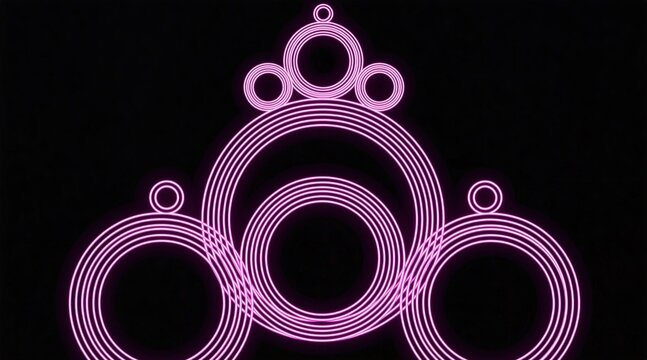 Bright pink neon circles form geometric pyramid structure against dark black background. Glowing light rings create abstract modern design symbol. Futuristic digital art pattern displays glowing