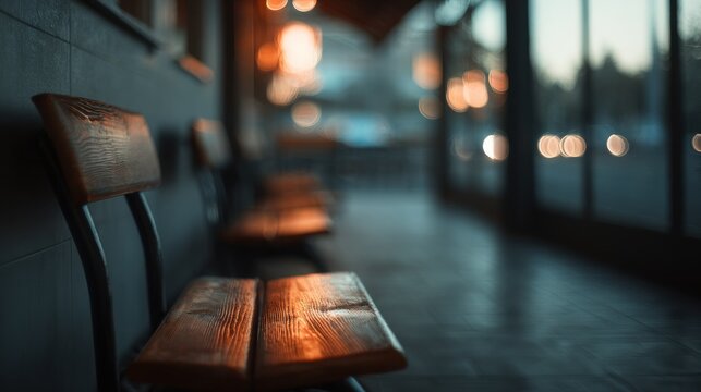 Empty wooden chairs in a modern cafe or waiting area with warm ambient lighting