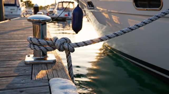 Close up of a white yacht mooring rope tied to a stainless steel bollard on a wooden dock in a marina at sunset