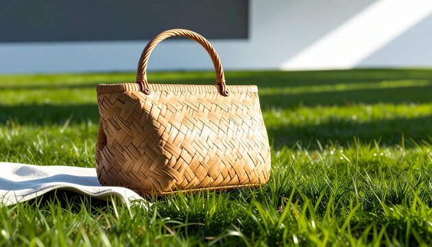 A woven straw handbag rests on a patch of green grass on a sunny day