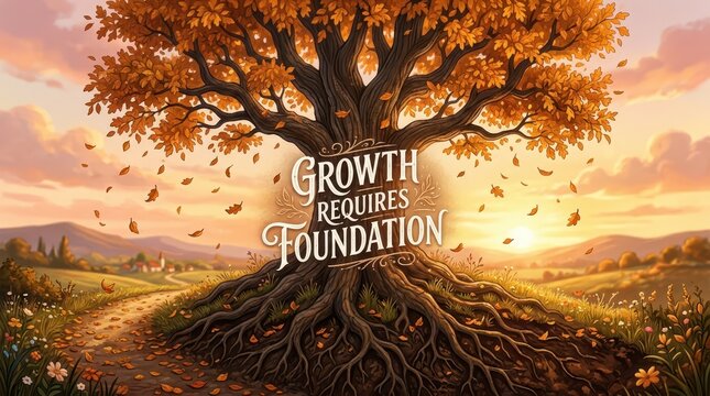 Inspiring autumn landscape with a large tree and fallen leaves, symbolizing growth requires foundation