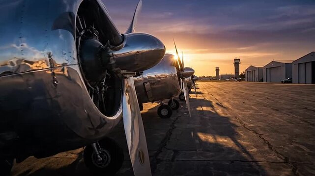 A row of vintage propeller airplanes parked on an airfield at sunset