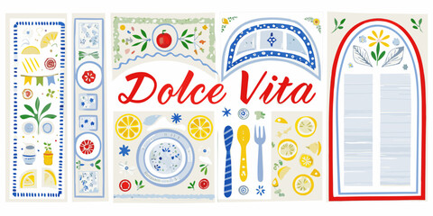 Obraz premium dolce vita illustrations with colorful italian lifestyle scenes food lemons plates windows doors flowers vector artwork design culture tradition europe