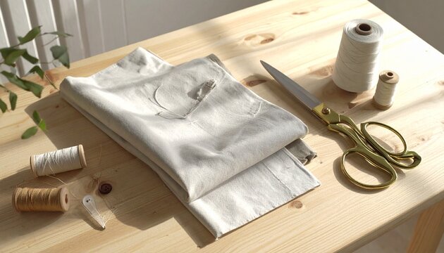 Sewing Supplies and White Fabric on a Wooden Table for Tailoring and Dressmaking