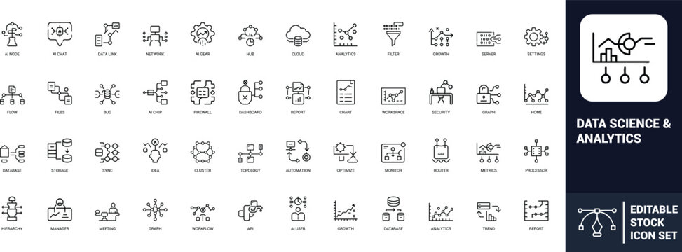 Data science analytics line art icons set ai node, ai chat, data link, network, analytics, filter, growth, server, dashboard, report, chart, Web icon, App icon, Outline icon, Editable stroke, line art