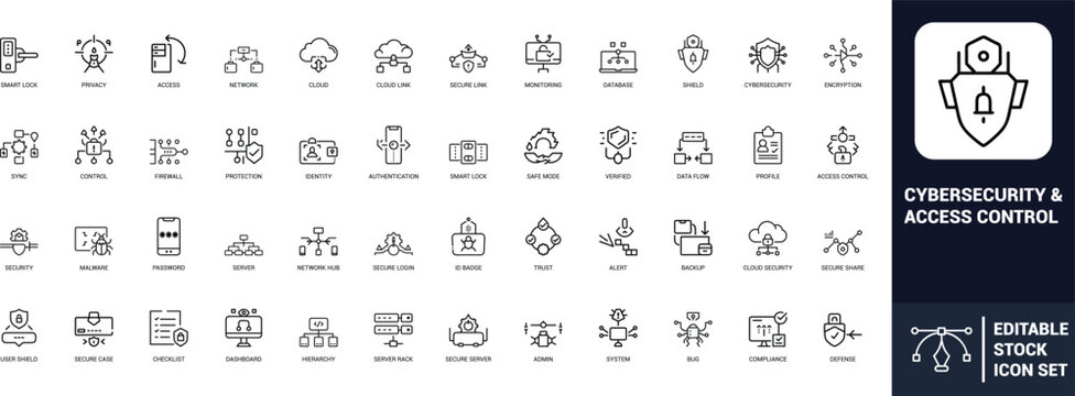 Cybersecurity access control line art icons set smart lock, privacy, firewall, shield, encryption, authentication, malware, password, Web icon, App icon, Outline icon, Editable stroke, line art, Vecto
