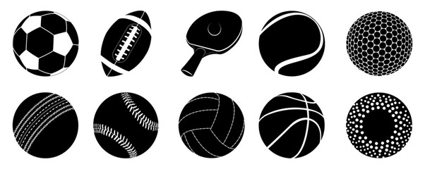 Fototapeta premium A collection of iconic black silhouettes of sports balls and equipment featuring soccer, American football, table tennis, tennis, golf, cricket, baseball, volleyball, and basketball.