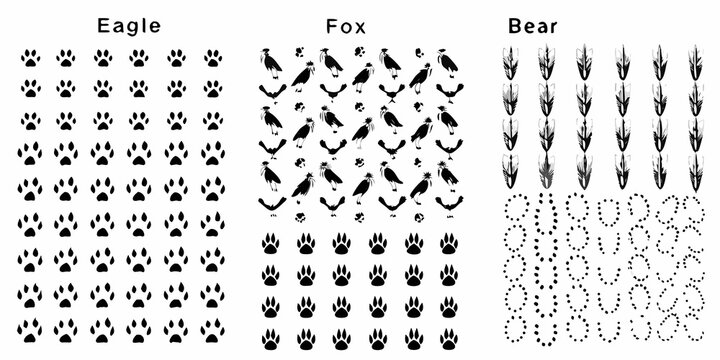animal footprints and silhouettes detailed black silhouette collection on white background eagle fox bear tracks paws claws wildlife transparent pattern