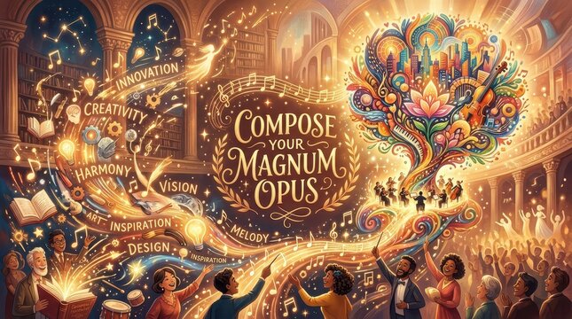Inspiring concept of composing a magnum opus with creativity, innovation, and vision, visualized as a vibrant tree of music and art in a grand hall