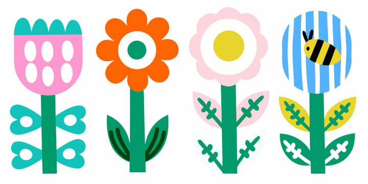 simplified flowers with bold colors geometric style on white background stylized petals bee stripes tulip daisy vector illustration flat icon