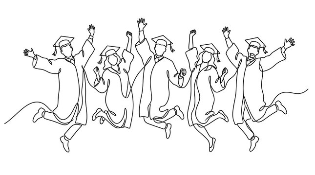 Continuous single line drawing of a group of five happy students celebrating their graduation success