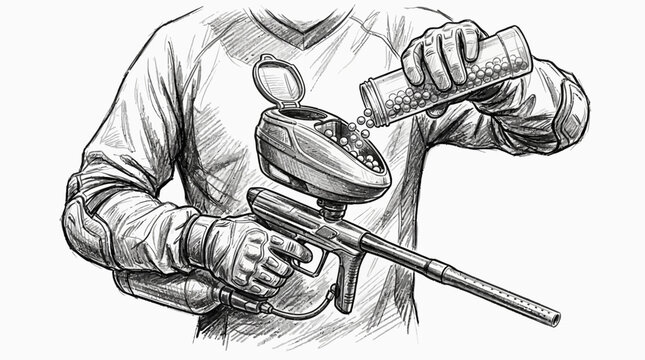 Sketch of player reloading paintball vector marker with paintballs