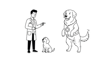 Obraz premium Veterinarian examining two dogs, a small puppy and a large golden retriever, in a professional and caring environment.